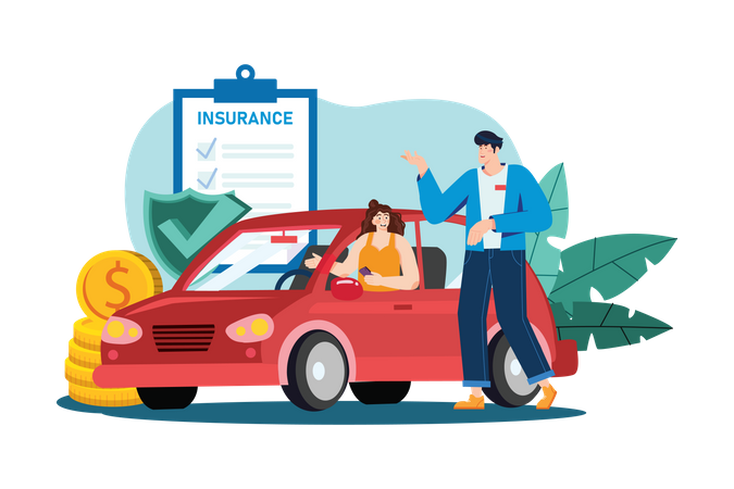 Beautiful young woman in a car is talking to a car insurance salesman  Illustration