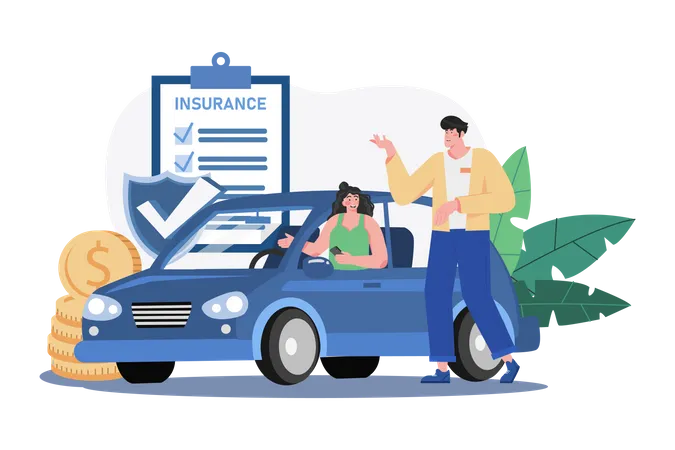 Beautiful young woman in a car is talking to a car insurance salesman  Illustration