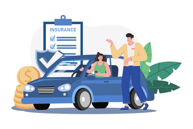 Beautiful young woman in a car is talking to a car insurance salesman  Illustration