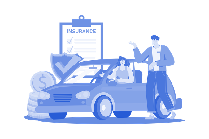 Beautiful young woman in a car is talking to a car insurance salesman  Illustration