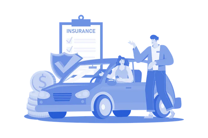 Beautiful young woman in a car is talking to a car insurance salesman  Illustration