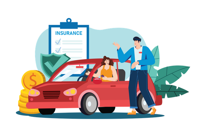 Beautiful young woman in a car is talking to a car insurance salesman  Illustration