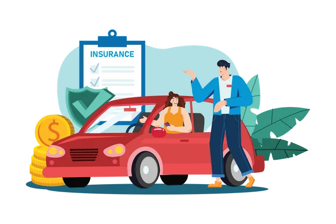 Beautiful young woman in a car is talking to a car insurance salesman  Illustration