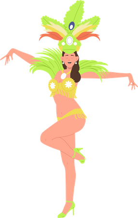 Beautiful young woman in brazilian masquerade costume with bright plumage dancing  Illustration