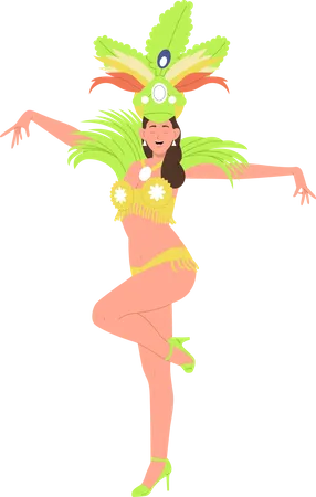 Beautiful young woman in brazilian masquerade costume with bright plumage dancing  Illustration