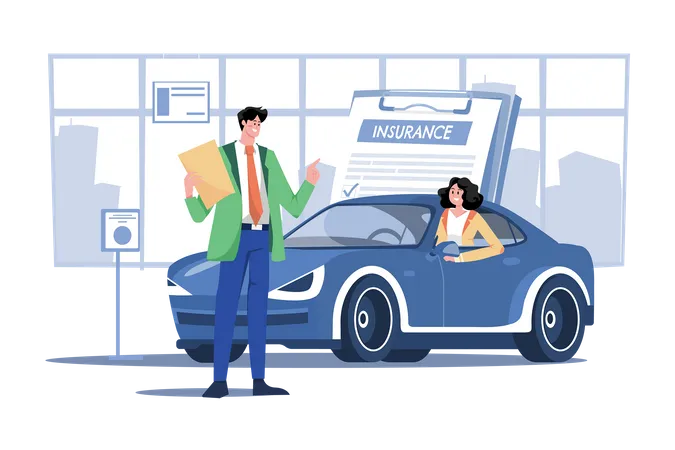 Beautiful young woman in car is talking to car insurance salesman  Illustration