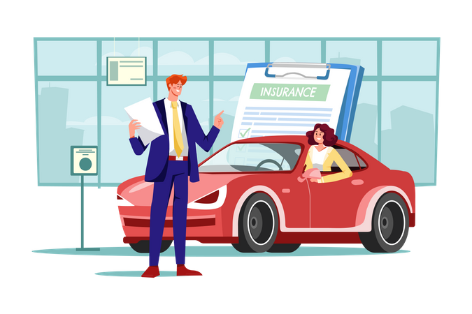 Beautiful young woman in car is talking to car insurance salesman  Illustration