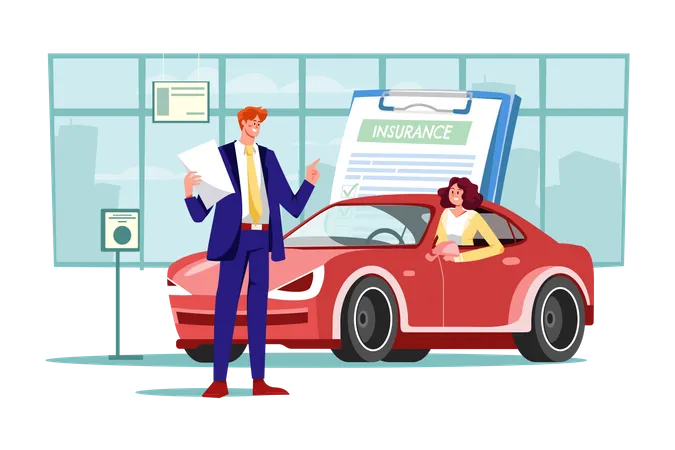 Beautiful young woman in car is talking to car insurance salesman  Illustration