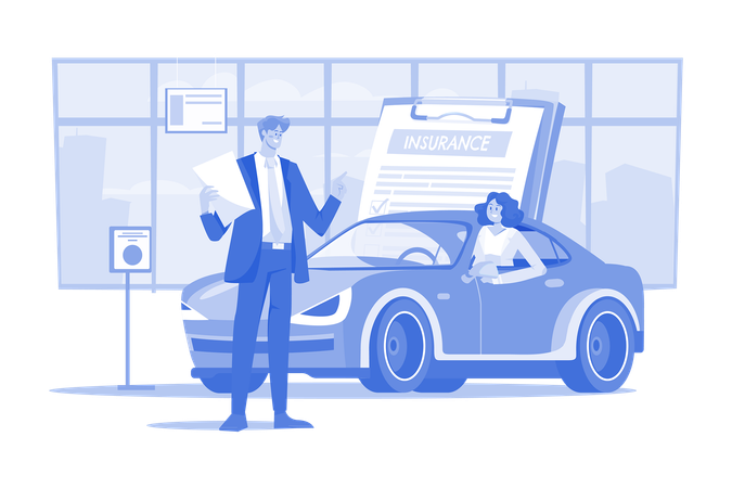 Beautiful young woman in car is talking to car insurance salesman  Illustration