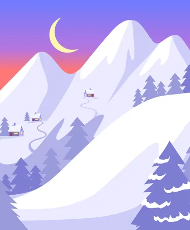 Beautiful Landscape Of High Snowy White Mountains And Moon With Bright Stars On Blue Sky Vector Background With Gray Forest And Far Away Cottage Houses On Hilly Field Among Pitch Grow Fir Trees Illustration