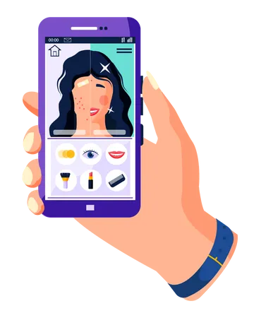 Beauty-Filter für Selfie-Bildschirmoberfläche, Bilderrahmen in Social-Media-App mit Mädchen beim Schminken  Illustration