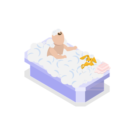 Bebé bañándose en bañera con tapa  Ilustración