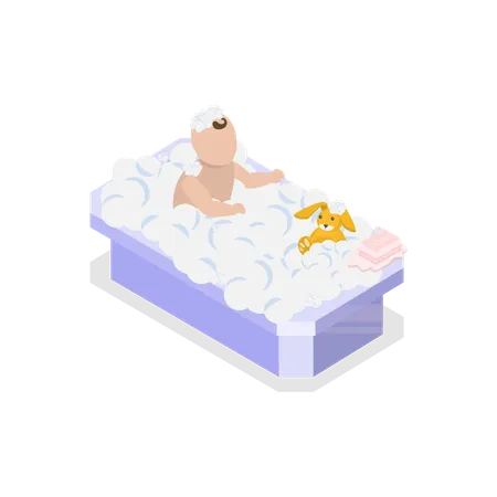 Bebé bañándose en bañera con tapa  Ilustración