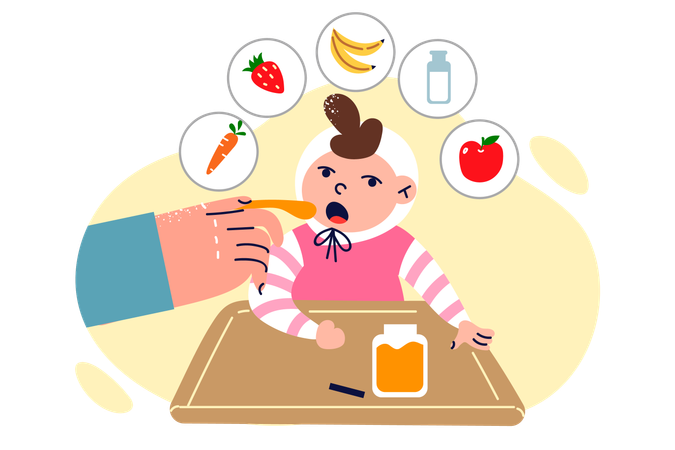Bebê é alimentado com purê de frutas  Ilustração