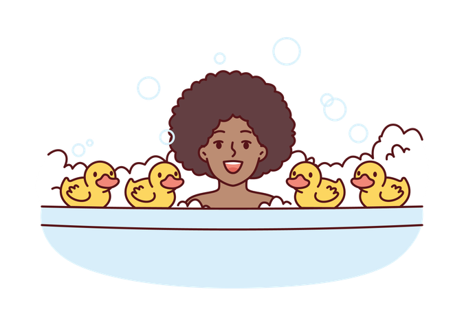 Petite fille joue avec un jouet de canard dans la baignoire  Illustration