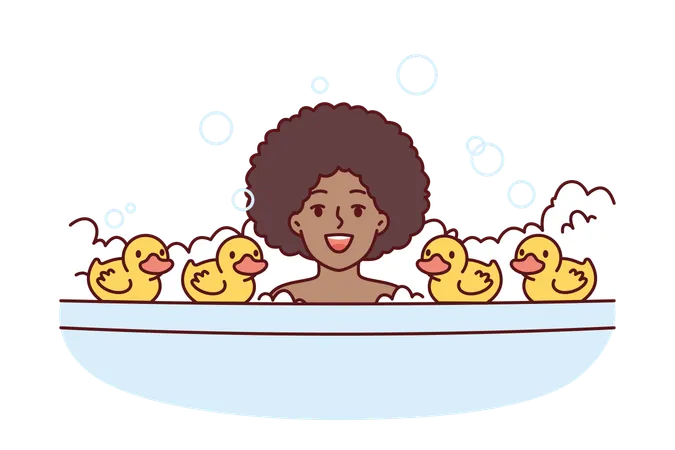 Petite fille joue avec un jouet de canard dans la baignoire  Illustration