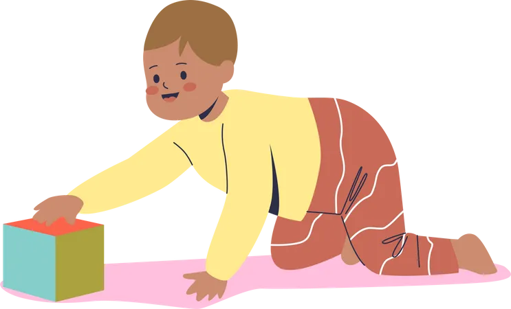 Bebé gateando jugando con un cubo de juguete  Ilustración
