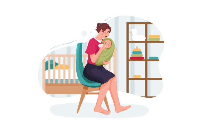 Menino bebendo leite de mamadeira de plástico, alimentado pela mãe  Ilustração