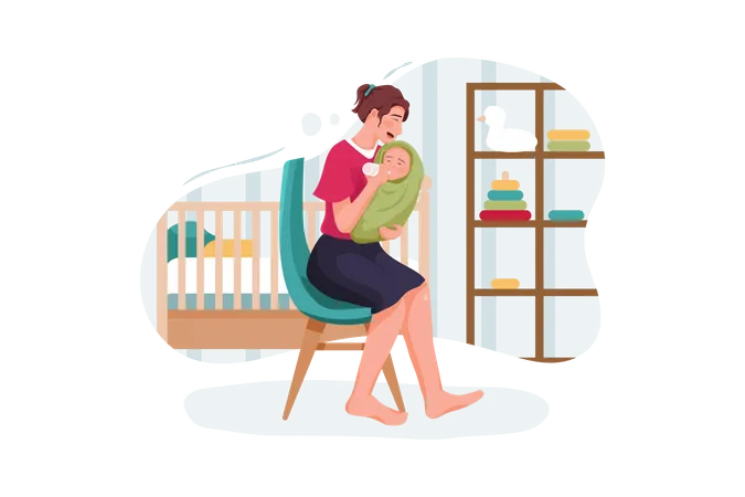 Menino bebendo leite de mamadeira de plástico, alimentado pela mãe  Ilustração