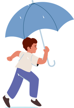 Menino correndo com guarda-chuva nas mãos  Ilustração