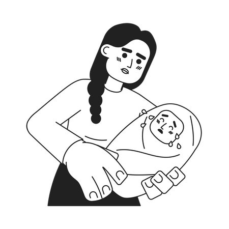 Bébé pleure sur les mains de sa mère  Illustration