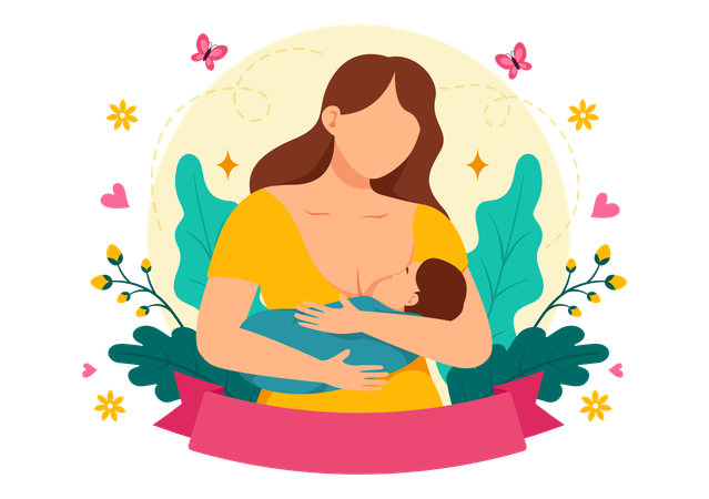 Bebé recién nacido alimentado por su madre.  Ilustración
