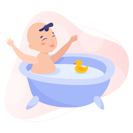 Bebé tomando un baño con un patito de juguete.  Ilustración