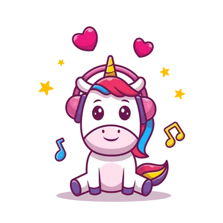 Bebé Unicornio escuchando música en auriculares  Ilustración