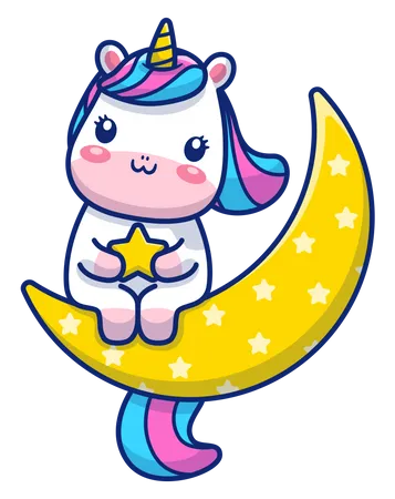 Bebé unicornio poniéndose en la luna  Ilustración