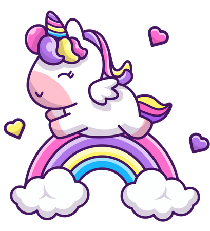 Bebé unicornio volando sobre el arco iris  Ilustración