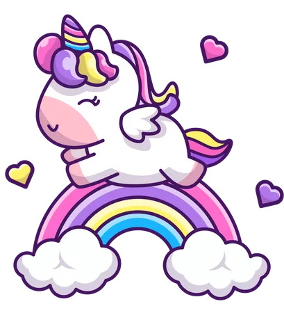 Bebé unicornio volando sobre el arco iris  Ilustración