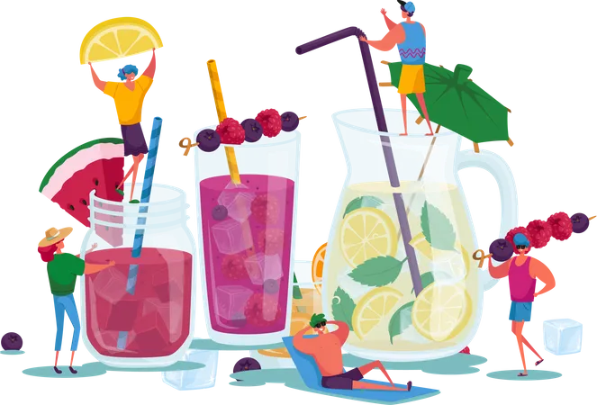 Beber bebidas frías durante el verano.  Ilustración