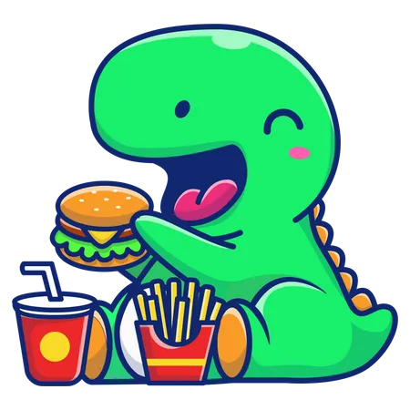 Dinosaurios bebes comiendo hamburguesa  Ilustración