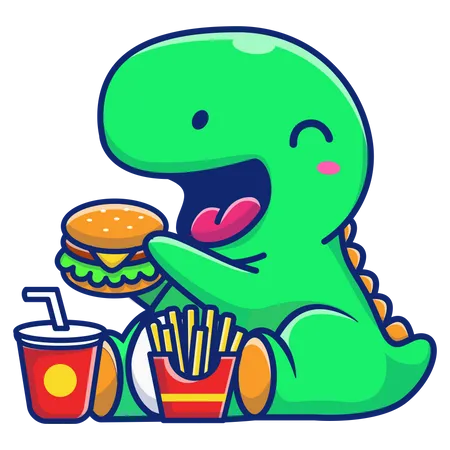 Bebês dinossauros comendo hambúrguer  Ilustração