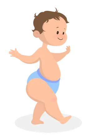 Bebezinho Fofo Andando Crianca De Onze Meses O Garoto De Roupa Azul E Sorriso De Fralda Ilustracao Vetorial Isolada Em Estilo Cartoon Ilustração