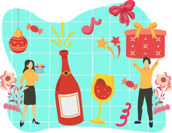 Bebidas de año nuevo con champagne.  Ilustración