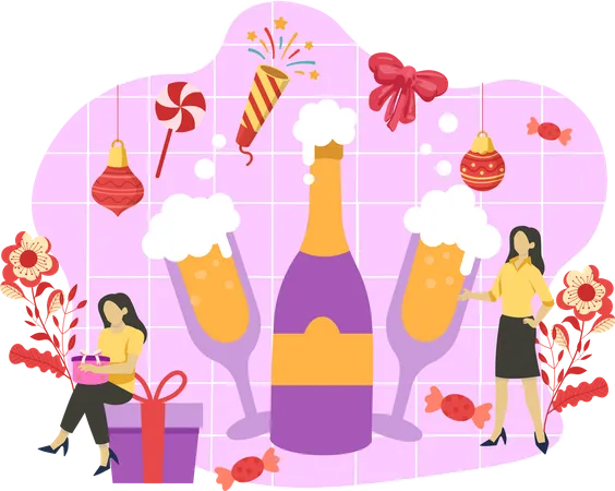 Bebidas de año nuevo y champán.  Ilustración