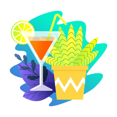 Bebidas e sol no verão  Ilustração
