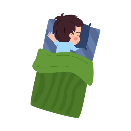 Bed with child boy sleeping  his stomach  Illustration