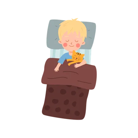 Bed with sleeping boy  Illustration
