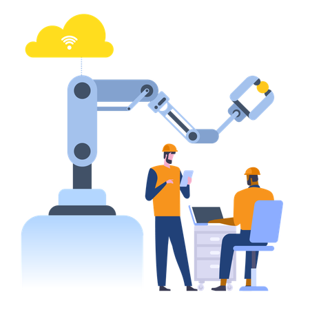 Der Bediener arbeitet am Laptop und steuert einen drahtlosen Roboterarm  Illustration