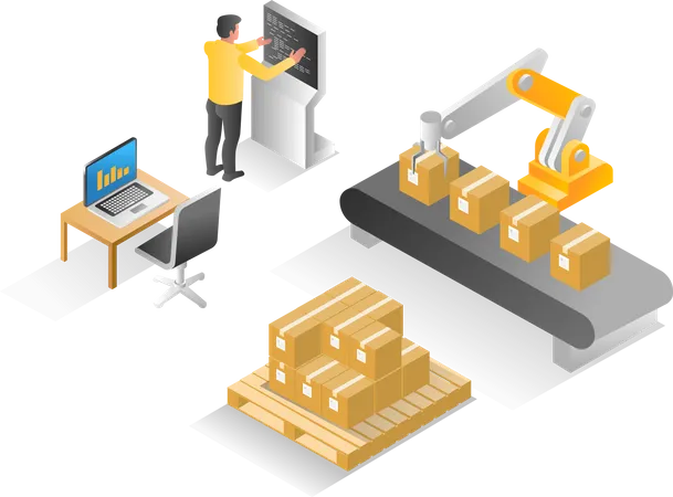 Bediener steuert Kartonverpackungsmaschine  Illustration