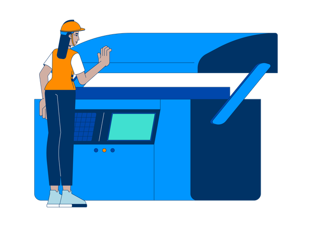 Bedienerin bei der Arbeit an einer hydraulischen Abkantpresse  Illustration