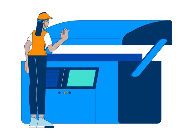 Bedienerin bei der Arbeit an einer hydraulischen Abkantpresse  Illustration