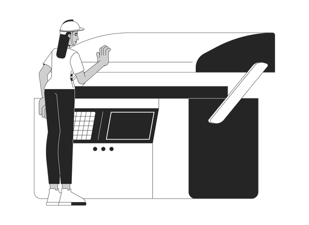 Bedienerin bei der Arbeit an einer hydraulischen Abkantpresse  Illustration