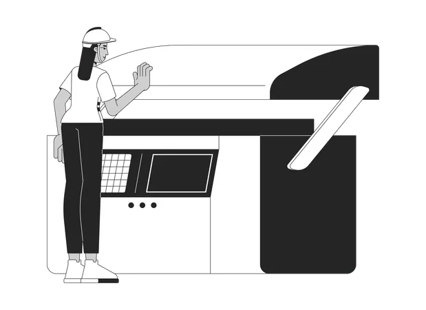 Bedienerin bei der Arbeit an einer hydraulischen Abkantpresse  Illustration