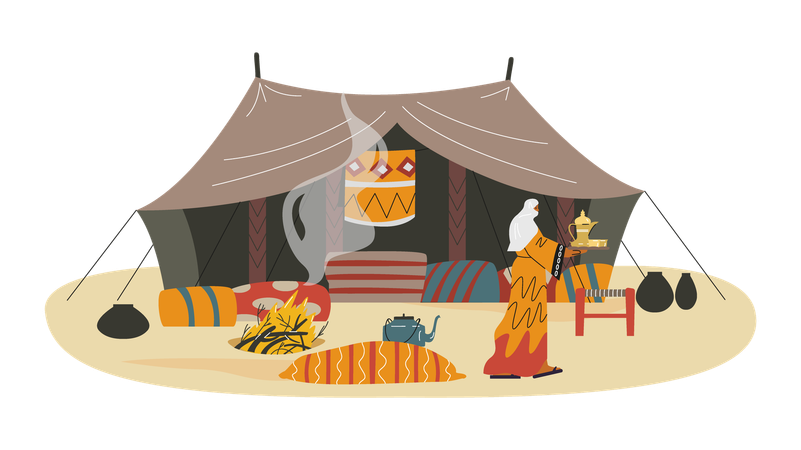 Bedouin camp and woman carries tray with dishes  Illustration