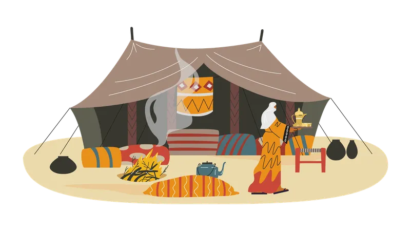 Bedouin camp and woman carries tray with dishes  Illustration