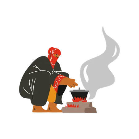 Bedouin in traditional Arabian clothes cooking food over fire  Illustration
