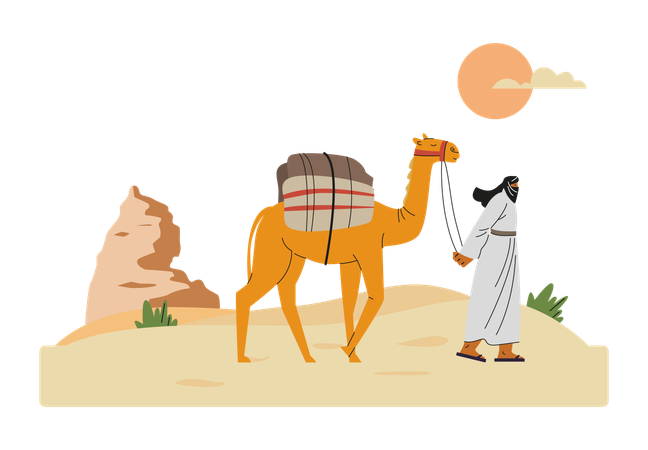 Bedouin walking with camel and cargo on hot sunset trough desert  Illustration